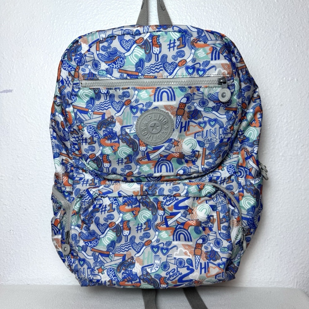 Kipling Dawson Laptop Backpack Fun In The sun Blue Pockets Travel All Over Print